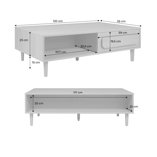 Mesa de centro vintage efeito madeira 1 gaveta, Juliana, Carvalho, 120x55x38 cm
