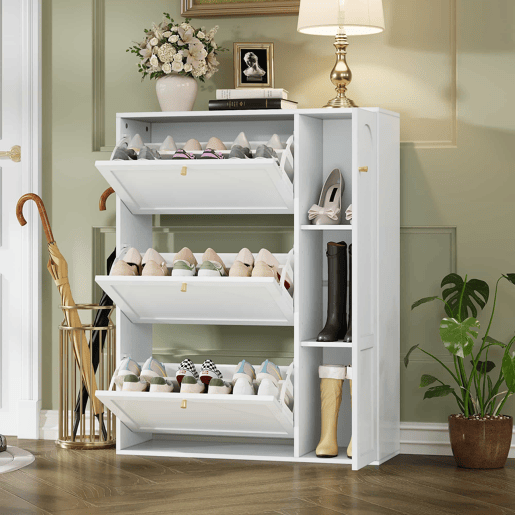 Sapateira estreita 90x25x114 cm - 3 portas e 1 compartimento, com divisórias ajustáveis - Branco