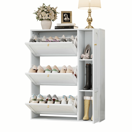 Sapateira estreita 90x25x114 cm - 3 portas e 1 compartimento, com divisórias ajustáveis - Branco