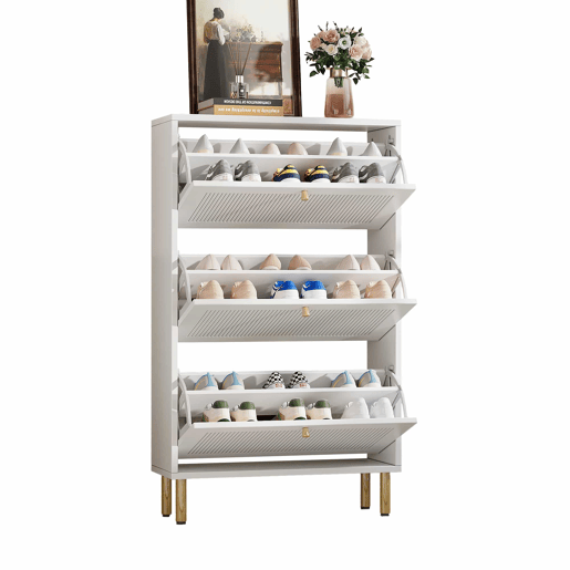 Sapateira estreita 73x23x125 cm - 3 portas basculantes com ranhuras, 6 prateleiras, design contemporâneo - Branco
