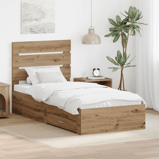 Estrutura de cama de solteiro para adultos com gaveta - Carvalho Artesanal 100 x 200 cm
