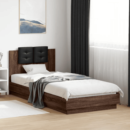 Estrutura de cama de solteiro moderno cabeceiraluzes LED 90x200 cm carvalho castanho