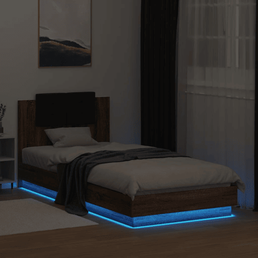 Estrutura de cama de solteiro moderno cabeceiraluzes LED 90x200 cm carvalho castanho