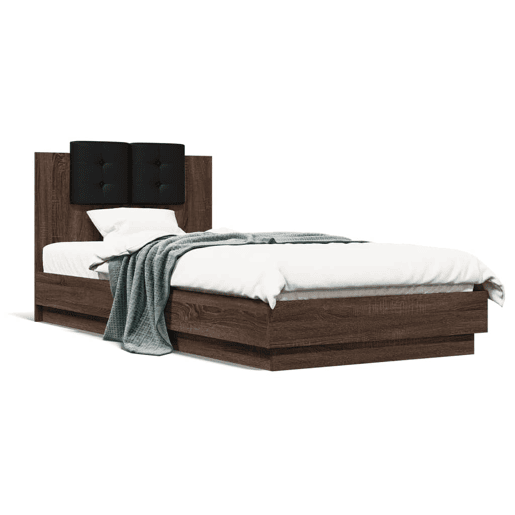 Estrutura de cama de solteiro moderno cabeceiraluzes LED 90x200 cm carvalho castanho