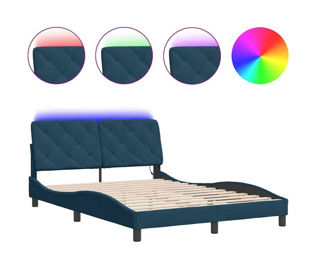 Estructura de cama doble matrimonial con led - terciopelo azul 140x200 cm