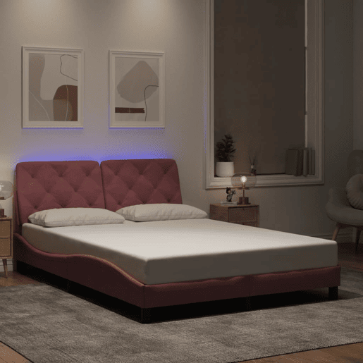 Estrutura de Cama de casal moderno com LED sem colchão 140x190 cm veludo rosa