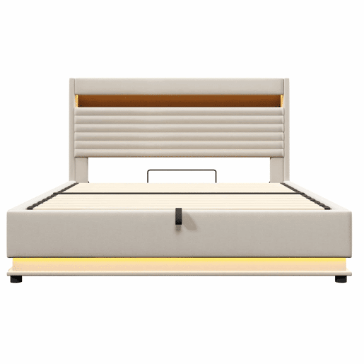 Cama estofada 180x200 cm - com função de carregamento USB Tipo-C, iluminação LED, armazenamento hidráulico, compartimento Flip-Top, sem colchão, controlo por botãoaplicação, linho - bege