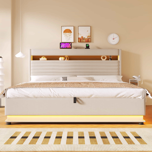 Cama estofada 180x200 cm - com função de carregamento USB Tipo-C, iluminação LED, armazenamento hidráulico, compartimento Flip-Top, sem colchão, controlo por botãoaplicação, linho - bege