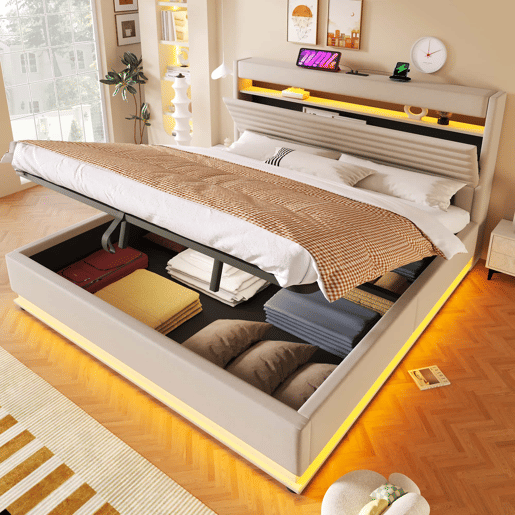 Cama estofada 180x200 cm - com função de carregamento USB Tipo-C, iluminação LED, armazenamento hidráulico, compartimento Flip-Top, sem colchão, controlo por botãoaplicação, linho - bege