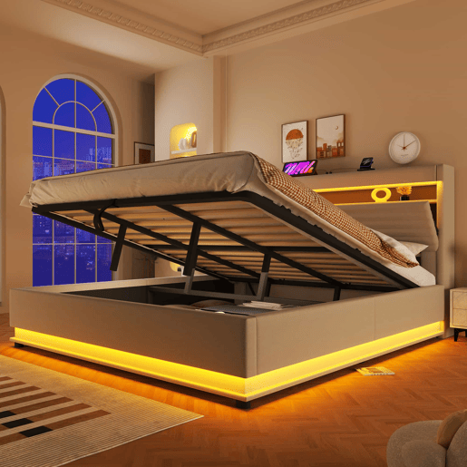 Cama estofada 180x200 cm - com função de carregamento USB Tipo-C, iluminação LED, armazenamento hidráulico, compartimento Flip-Top, sem colchão, controlo por botãoaplicação, linho - bege
