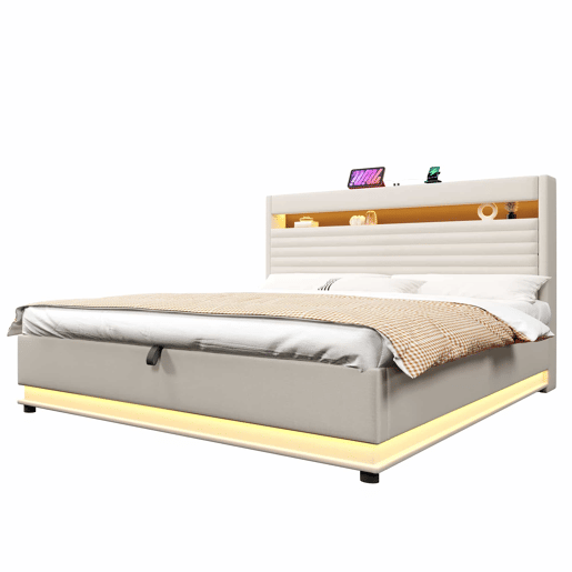 Cama estofada 180x200 cm - com função de carregamento USB Tipo-C, iluminação LED, armazenamento hidráulico, compartimento Flip-Top, sem colchão, controlo por botãoaplicação, linho - bege