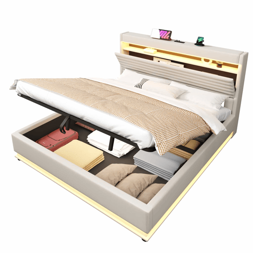 Cama estofada 180x200 cm - com função de carregamento USB Tipo-C, iluminação LED, armazenamento hidráulico, compartimento Flip-Top, sem colchão, controlo por botãoaplicação, linho - bege