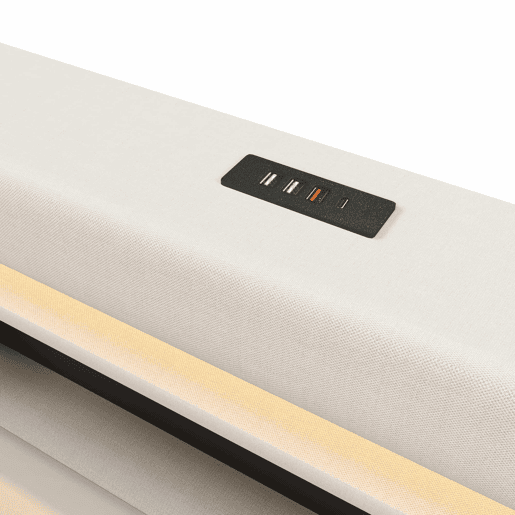 Cama estofada 180x200 cm - com função de carregamento USB Tipo-C, iluminação LED, armazenamento hidráulico, compartimento Flip-Top, sem colchão, controlo por botãoaplicação, linho - bege
