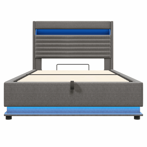 Cama estofada 140x200 cm - com função de carregamento USB Tipo-C, iluminação LED, armazenamento hidráulico, compartimento Flip-Top, sem colchão, controlo por botãoaplicação - Cinza
