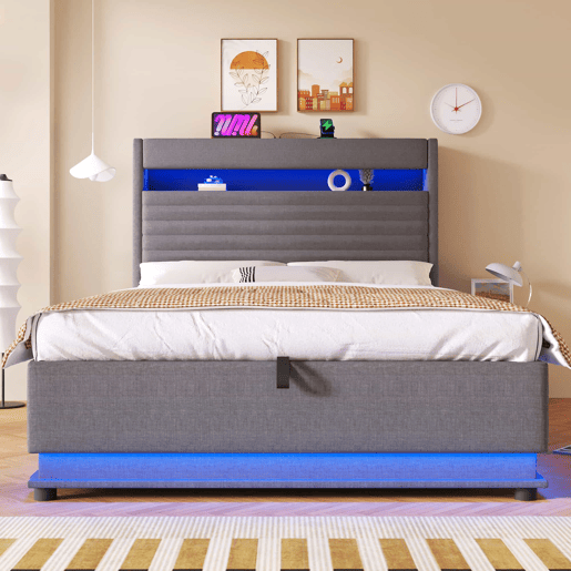 Cama estofada 140x200 cm - com função de carregamento USB Tipo-C, iluminação LED, armazenamento hidráulico, compartimento Flip-Top, sem colchão, controlo por botãoaplicação - Cinza