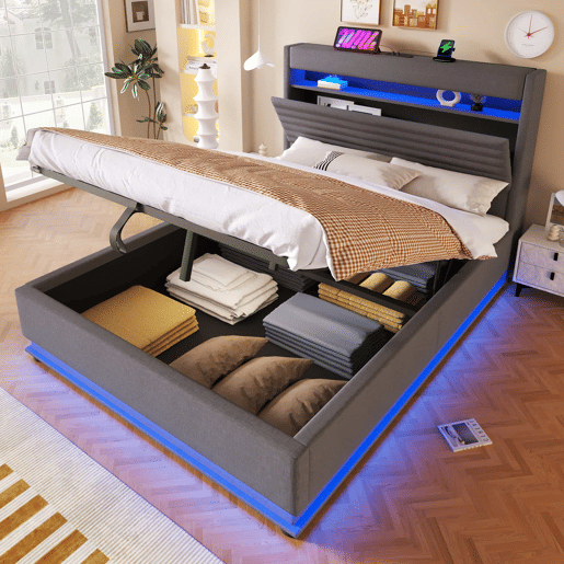 Cama estofada 140x200 cm - com função de carregamento USB Tipo-C, iluminação LED, armazenamento hidráulico, compartimento Flip-Top, sem colchão, controlo por botãoaplicação - Cinza