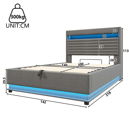 Cama estofada 140x200 cm - com função de carregamento USB Tipo-C, iluminação LED, armazenamento hidráulico, compartimento Flip-Top, sem colchão, controlo por botãoaplicação - Cinza