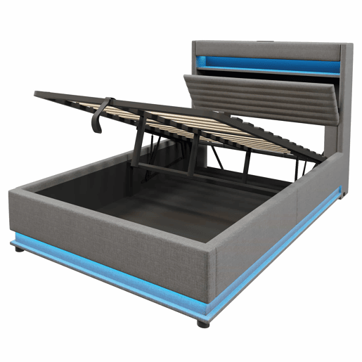 Cama estofada 140x200 cm - com função de carregamento USB Tipo-C, iluminação LED, armazenamento hidráulico, compartimento Flip-Top, sem colchão, controlo por botãoaplicação - Cinza