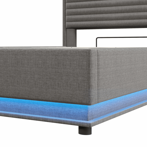 Cama estofada 140x200 cm - com função de carregamento USB Tipo-C, iluminação LED, armazenamento hidráulico, compartimento Flip-Top, sem colchão, controlo por botãoaplicação - Cinza