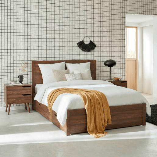 Cama com estrado de ripas e cabeceira 160x200cm + 4 gavetas Madeira de nogueira - 211x166.2x100 cm Cama com estrado de ripas e cabeceira 160x200cm + 4 gavetas Madeira de nogueira - 211x166.2x100 cm