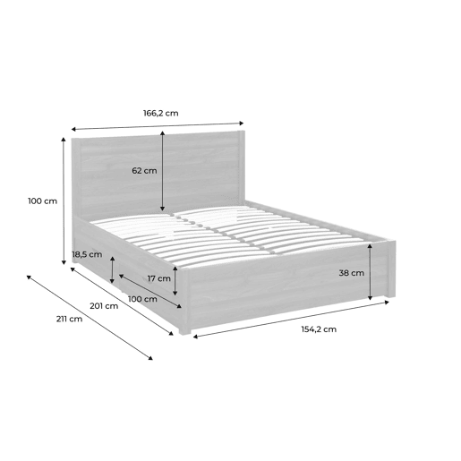 Cama com estrado de ripas e cabeceira 160x200cm + 4 gavetas Madeira de nogueira - 211x166.2x100 cm Cama com estrado de ripas e cabeceira 160x200cm + 4 gavetas Madeira de nogueira - 211x166.2x100 cm