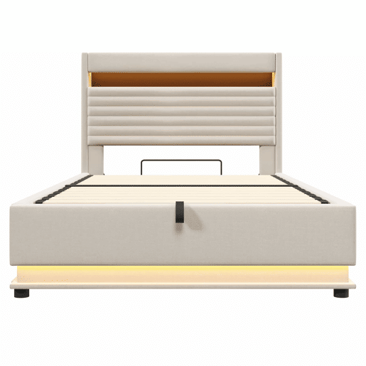 Cama estofada 140x200 cm - com carregamento USB Tipo C, iluminação LED, armazenamento hidráulico, baú rebatível, controlo por botãoaplicação, sem colchão - Bege