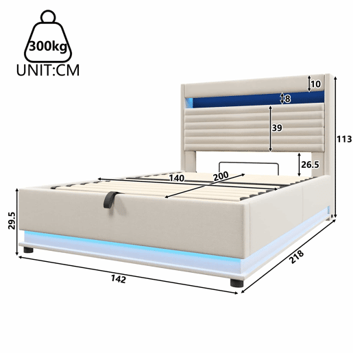 Cama estofada 140x200 cm - com carregamento USB Tipo C, iluminação LED, armazenamento hidráulico, baú rebatível, controlo por botãoaplicação, sem colchão - Bege