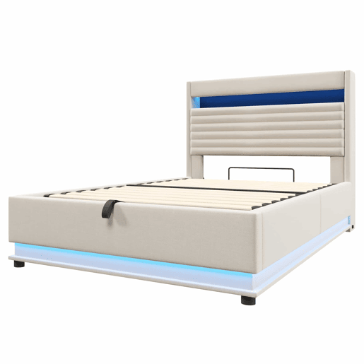Cama estofada 140x200 cm - com carregamento USB Tipo C, iluminação LED, armazenamento hidráulico, baú rebatível, controlo por botãoaplicação, sem colchão - Bege