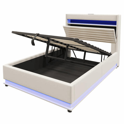 Cama estofada 140x200 cm - com carregamento USB Tipo C, iluminação LED, armazenamento hidráulico, baú rebatível, controlo por botãoaplicação, sem colchão - Bege