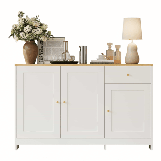 Aparador 120x40x75 cm - 3 portas e 1 gaveta de arrumação, para sala de estar e sala de jantar - Branco e natural