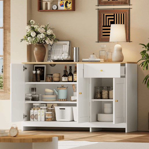 Aparador 120x40x75 cm - 3 portas e 1 gaveta de arrumação, para sala de estar e sala de jantar - Branco e natural