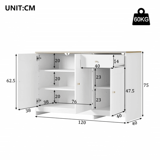 Aparador 120x40x75 cm - 3 portas e 1 gaveta de arrumação, para sala de estar e sala de jantar - Branco e natural