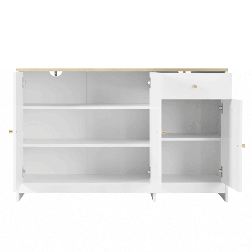 Aparador 120x40x75 cm - 3 portas e 1 gaveta de arrumação, para sala de estar e sala de jantar - Branco e natural