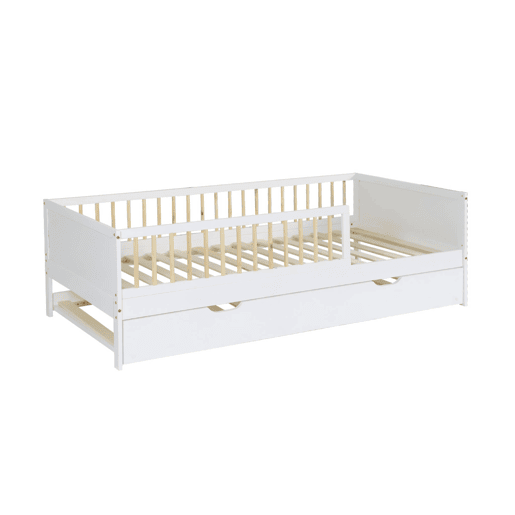 Cama infantil de 190 cm em madeira de pinho com estrado de ripas e gaveta extraível , Elio, Branco, 195x95.5x60 cm