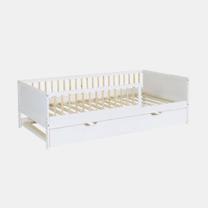 Cama infantil de 190 cm em madeira de pinho com estrado de ripas e gaveta extraível , Elio, Branco, 195x95.5x60 cm