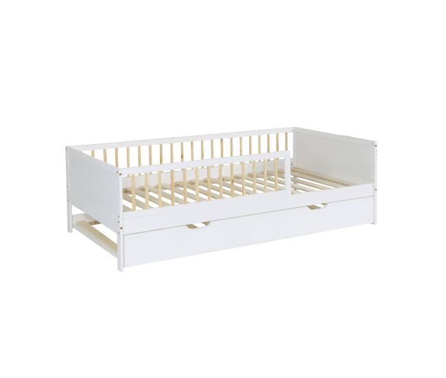 Cama nido infantil extraible 190cm pino natural con somier de láminas y cajón, elio, blanco, 195x95.5x60 cm