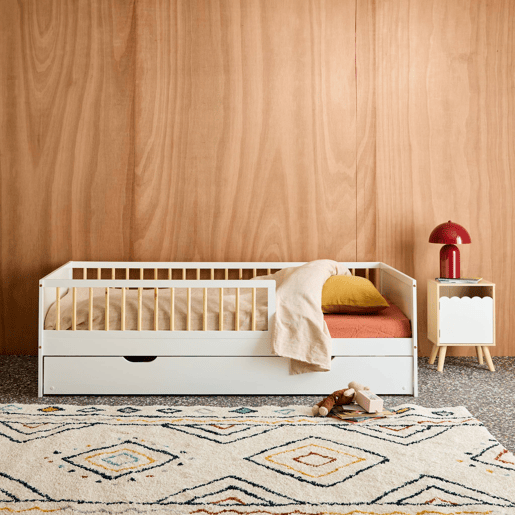 Cama infantil de 190 cm em madeira de pinho com estrado de ripas e gaveta extraível , Elio, Branco, 195x95.5x60 cm