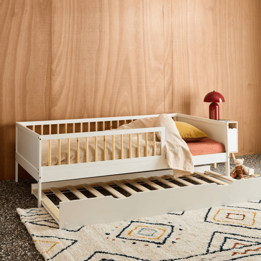 Cama infantil de 190 cm em madeira de pinho com estrado de ripas e gaveta extraível , Elio, Branco, 195x95.5x60 cm