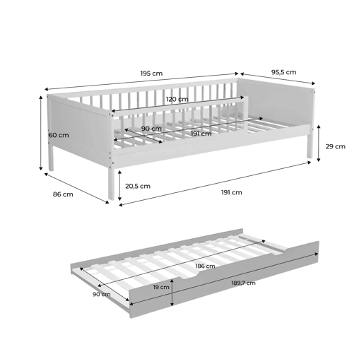 Cama infantil de 190 cm em madeira de pinho com estrado de ripas e gaveta extraível , Elio, Branco, 195x95.5x60 cm