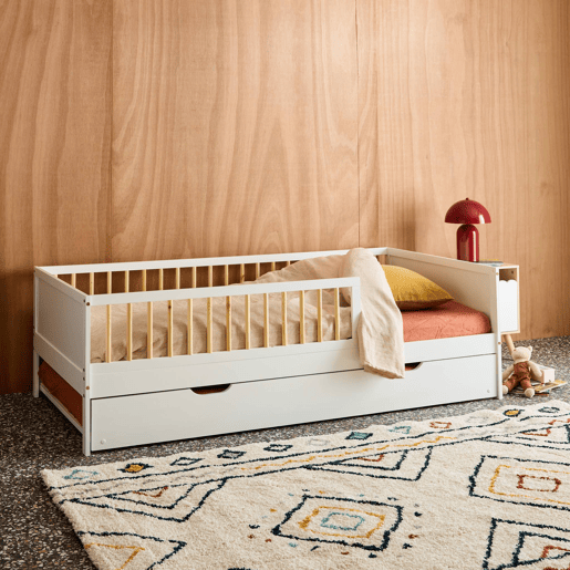 Cama infantil de 190 cm em madeira de pinho com estrado de ripas e gaveta extraível , Elio, Branco, 195x95.5x60 cm