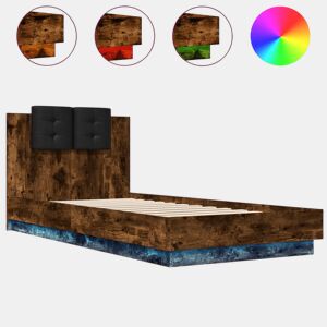 Estrutura de cama de solteiro moderno c cabeceiraluzes LED 90x200 cm carvalho fumado