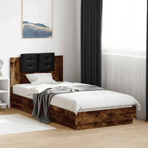 Estrutura de cama de solteiro moderno c cabeceiraluzes LED 90x200 cm carvalho fumado