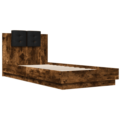 Estrutura de cama de solteiro moderno c cabeceiraluzes LED 90x200 cm carvalho fumado
