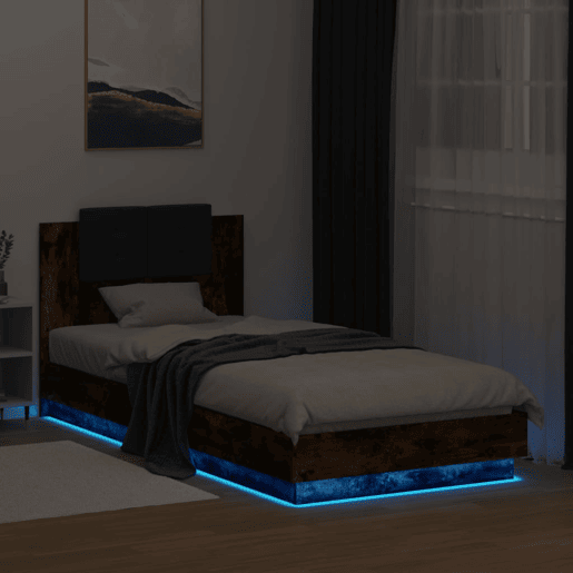 Estrutura de cama de solteiro moderno c cabeceiraluzes LED 90x200 cm carvalho fumado