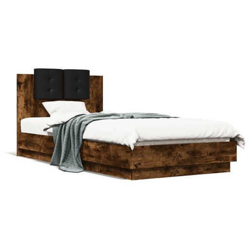 Estrutura de cama de solteiro moderno c cabeceiraluzes LED 90x200 cm carvalho fumado