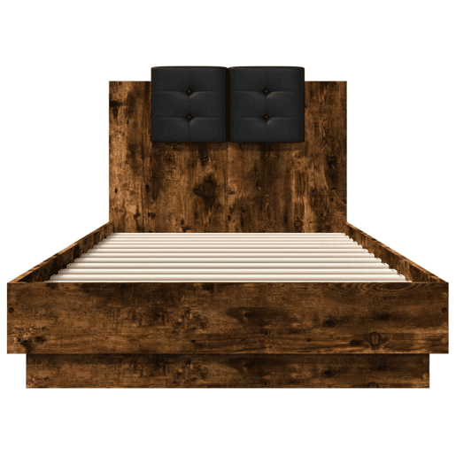 Estrutura de cama de solteiro moderno c cabeceiraluzes LED 90x200 cm carvalho fumado