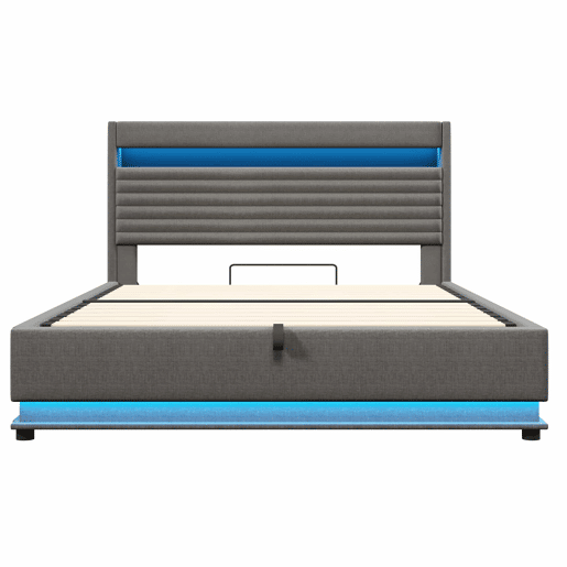 Cama estofada 180x200 cm - com carregamento USB Tipo C, iluminação LED, armazenamento hidráulico, compartimento Flip-Top, controlo por botãoaplicação, sem colchão - cinzento