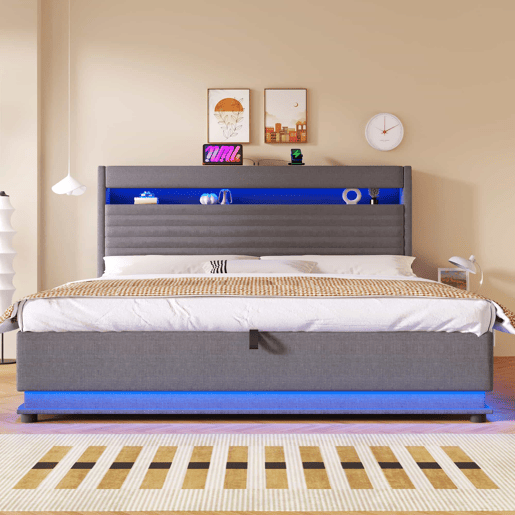 Cama estofada 180x200 cm - com carregamento USB Tipo C, iluminação LED, armazenamento hidráulico, compartimento Flip-Top, controlo por botãoaplicação, sem colchão - cinzento