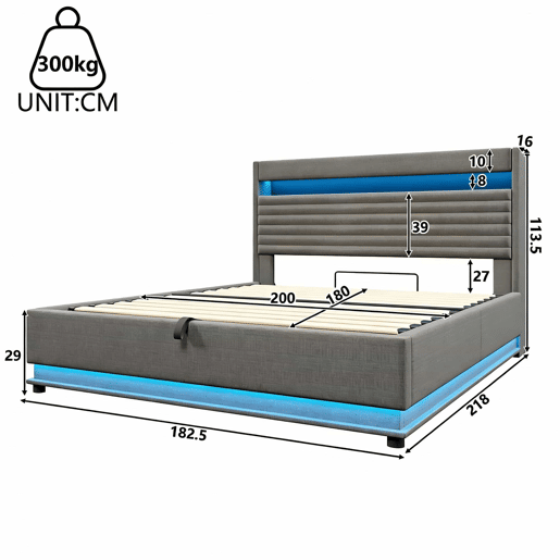 Cama estofada 180x200 cm - com carregamento USB Tipo C, iluminação LED, armazenamento hidráulico, compartimento Flip-Top, controlo por botãoaplicação, sem colchão - cinzento