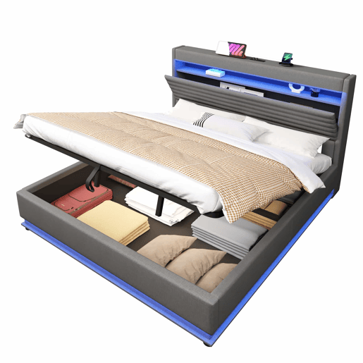 Cama estofada 180x200 cm - com carregamento USB Tipo C, iluminação LED, armazenamento hidráulico, compartimento Flip-Top, controlo por botãoaplicação, sem colchão - cinzento